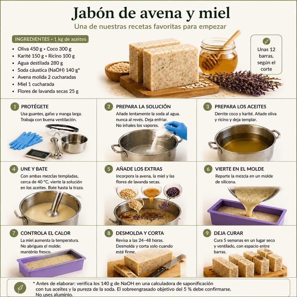 Receta de jabón de avena y miel: ingredientes en gramos y nueve pasos ilustrados